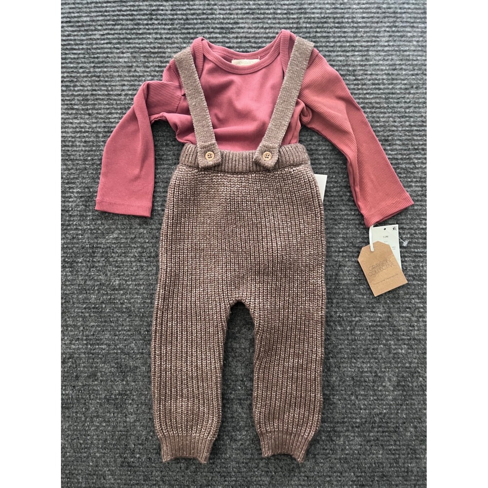 Grayson Collective Baby Girl 12M Rose Ribbed Bodysuit & Brown Knit Overalls Set